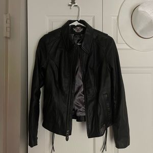 Women’s Harley Davison black leather jacket. Size medium. Only worn once.